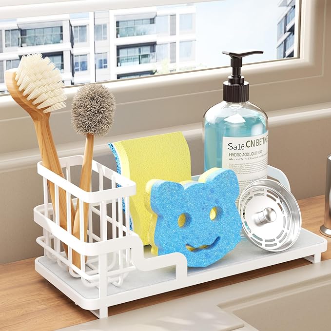 Consumest Sponge Holder for Kitchen Sink - Sink Caddy Organizer with Water Absorbing Stone Tray, Detachable Brush Holder, Stainless Steel Kitchen Counter Organizer Rack, White