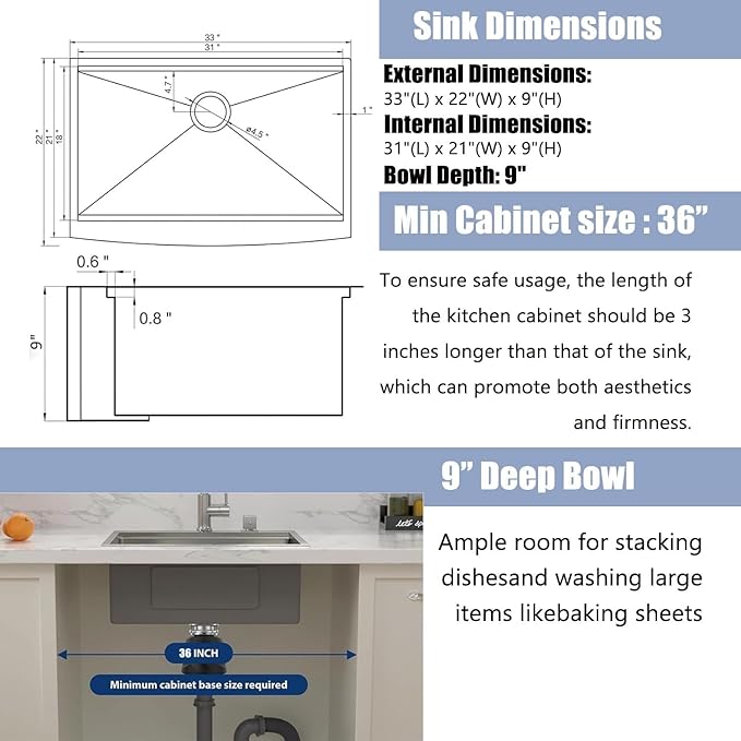 Black Farmhouse Sink 33 Inch - VALISY 33x22 Apron Front Farmhouse Kitchen Sinks 16 Gauge Stainless Steel Undermount Ledge Workstation Deep Single Bowl Luxury Rustic Farm Sinks with All Accessories.