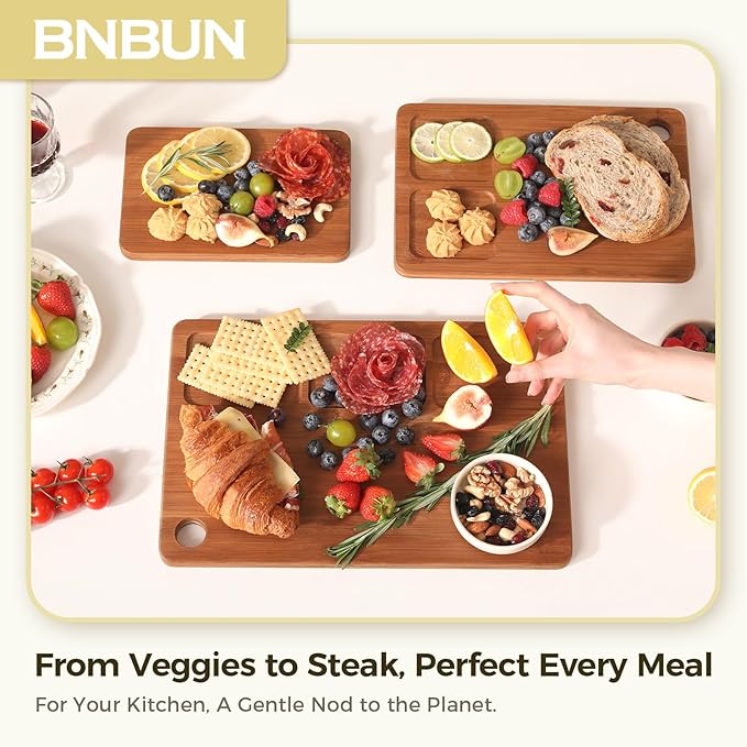 Bamboo Cutting Board for Kitchen Meal Prep & Serving, 3-Piece Wooden Set with Juice Grooves, Side Handles, Non-Slip Mats – Ideal for Meat, Veggies, Fruit – Ideal Gift for the Home