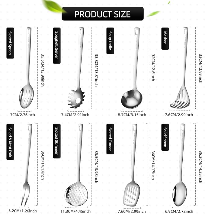 MAXCOOK 18/8 Stainless Steel Cooking Utensil set, 8 Pieces Metal Kitchen Utensils set, Slotted Spoon,Meat Fork,Ladle,Skimmer,Spatula,Spaghetti Server,Large Spoon,Masher (Dishwasher Safe, Silver)