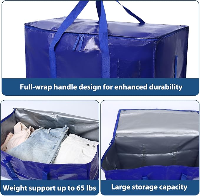 6 Pack Moving Bags Heavy Duty, Extra Large Moving Bags, Moving Supplies, Storage Bags with Handles and Zippers, Waterproof Totes for Storage Space Saving Packaging Shipping and Travel(Blue)
