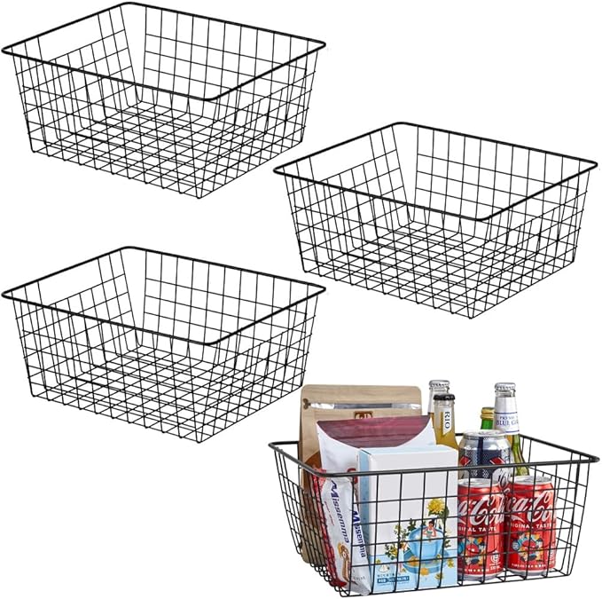 Aeggplant Kitchen Wire Baskets Farmhouse Decor Metal Food Storage Organizer,Household Refrigerator Bin with Built-in Handles for Cabinets,Pantry,Bathroom,Black