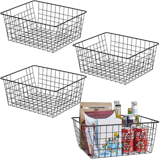 Aeggplant Kitchen Wire Baskets Farmhouse Decor Metal Food Storage Organizer,Household Refrigerator Bin with Built-in Handles for Cabinets,Pantry,Bathroom,Black