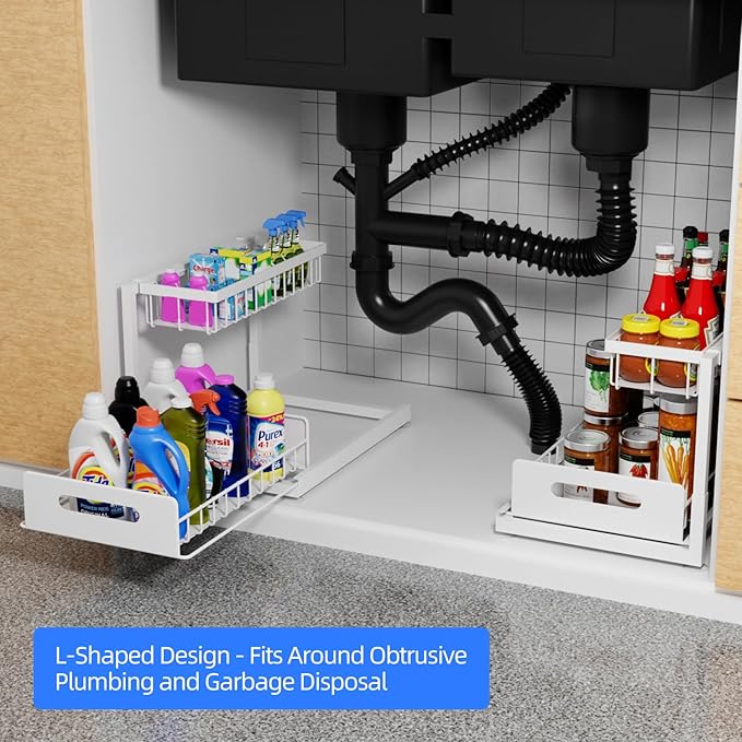 Lxmons 2-Tier Under Sink Slide Out Organizer, Pull Out Cabinet Storage Shelf with Sliding Wire Basket Drawer for Bathroom Kitchen, Countertop or Pantry Shelf, White