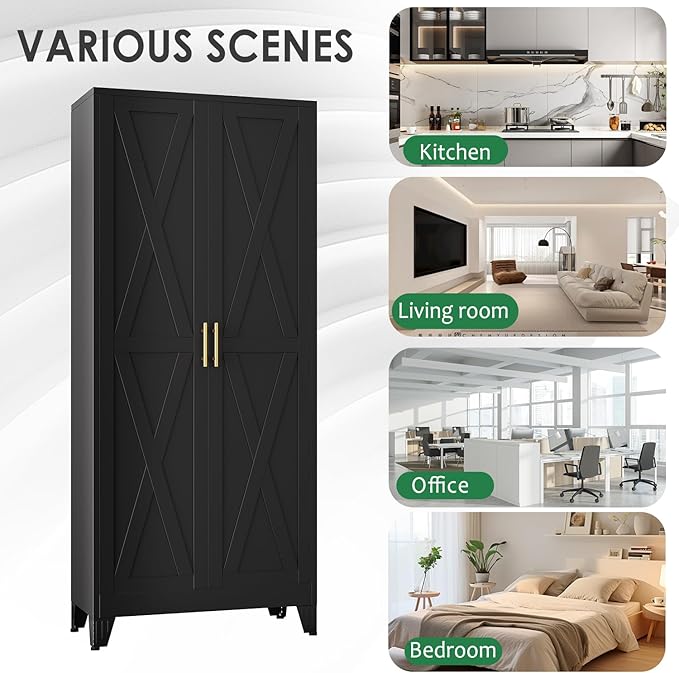71" Tall Kitchen Pantry Cabinet, Metal Storage Cabinet with 2 Doors and 4 Adjustable Shelves, Black Food Pantry Cupboard for Kitchen, Dining Room, Living Room and Bathroom (Black)