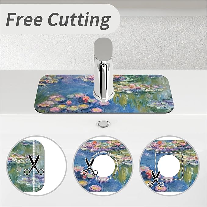 Kitchen Sink Splash Guard，Lotus in the pond Faucet Mat Sink Gadgets-Super Absorbent Fast Drying Mat Drip Catcher for Kitchen, Bathroom,Sink Mat, Dish Drying Mat, Bathroom(15" X 5.5" )