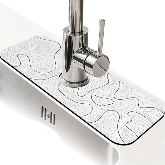 Kitchen Sink Splash Guard，White line terrain Faucet Mat Sink Gadgets-Super Absorbent Fast Drying Mat Drip Catcher for Kitchen, Bathroom,Sink Mat, Dish Drying Mat, Bathroom(15" X 5.5" )
