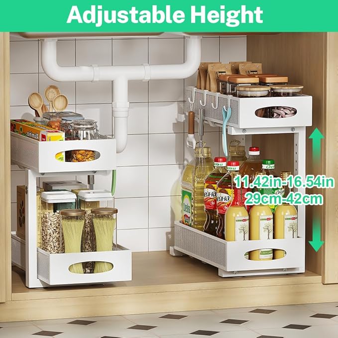 WROBTLD Under Sink Organizer, 2-Tier Pull Out Cabinet Organizer with Adjustable Height, Use in Kitchen Bathroom Cabinet and Countertop Storage, White