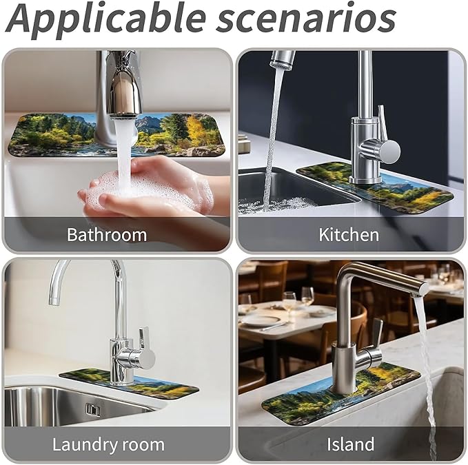 Kitchen Sink Splash Guard，Beautiful mountain stream Faucet Mat Sink Gadgets-Super Absorbent Fast Drying Mat Drip Catcher for Kitchen, Bathroom,Sink Mat, Dish Drying Mat, Bathroom(15" X 5.5" )