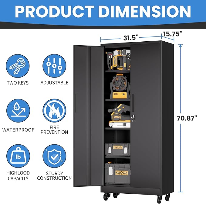 BIZOEIRON Garage Metal Storage Cabinet with Lock, 71'' Tall Storage Cabinet with Adjustable Shelves and Doors, Rolling Tool Cabinet on Wheels for Garage, Utility Room