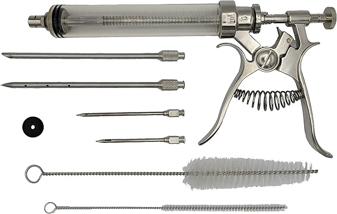 BBQ Smoker Grill Professional Meat Injector Syringe Kit for Smoking with Case, Heat Resistant Non Slip Gloves and Silicone Mop Brush for Turkey Marinade Injection