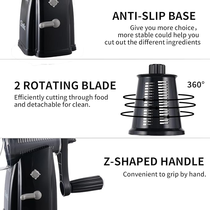 ChinKc Upgrade Rotary Cheese Grater Shredder with Handle, Strong Suction Base, Multi-purpose Rotary Grater Slicer with 5 Interchangeable Blades for Ice, Vegetables, Fruit, Nuts with Blade Storage Box