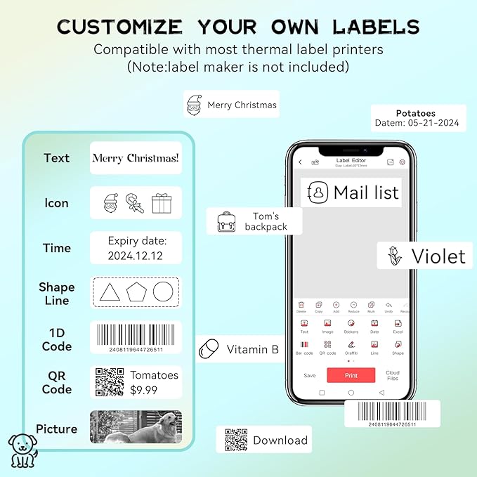 EEBBL D30 P15 HP4 Label Maker Tape 12mm 0.47 Laminated White, Works with Most Non-Encrypted Portable Label Printers，for Home, Office & Small Business 160 Labels/Roll, 10 Rolls White