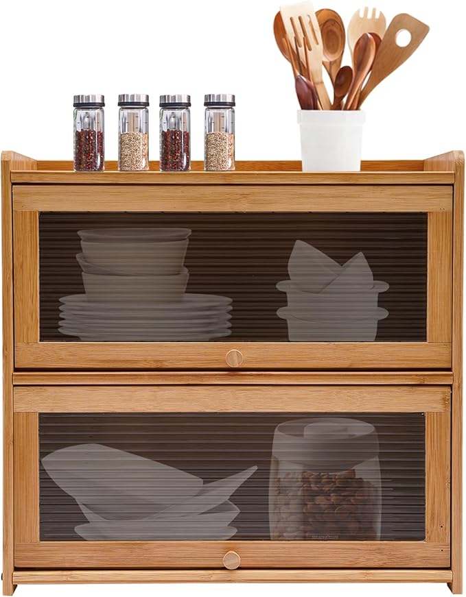 Storage Cabinet, Natural Bamboo Storage Bins and Boxes Organizer, Acrylic Door 2-Tier Design Vertical Storage Space Countertop Storage Cabinet, Deck Mounted Open Top Floor Kitchens Cabinets