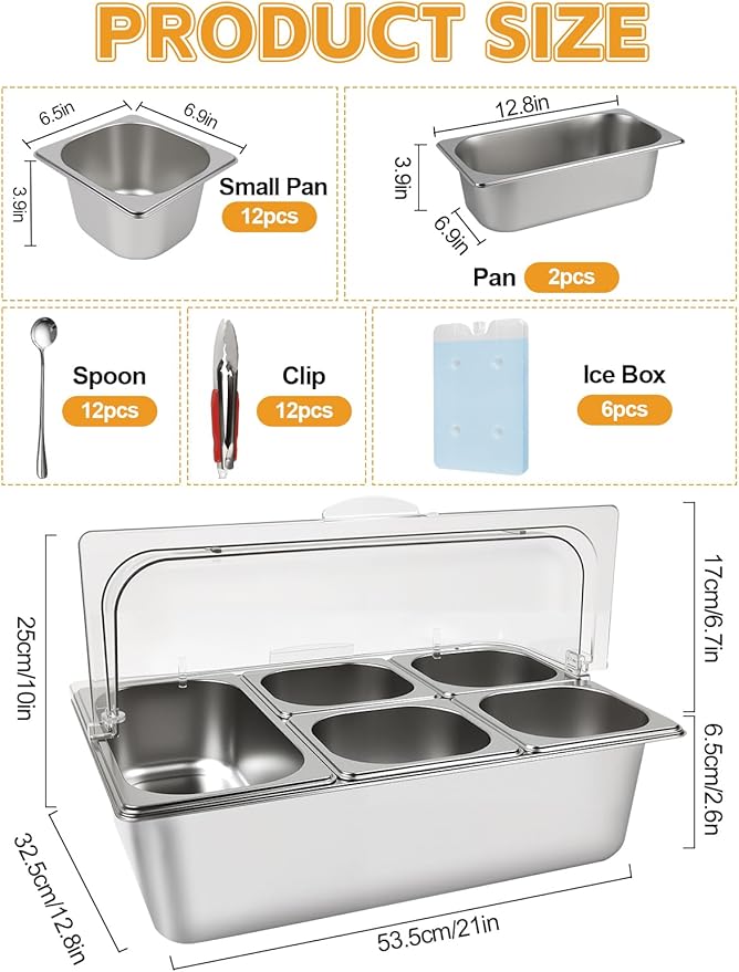 Lanstics 2P Pizza Topping Station 7 Pans Stainless Steel Spice Organizer Salad Bar Buffet Station with Spoons Ice Boxes Buffet Containers Set for Sauce Jam Ingredient Kitchen Restaurant Pantry