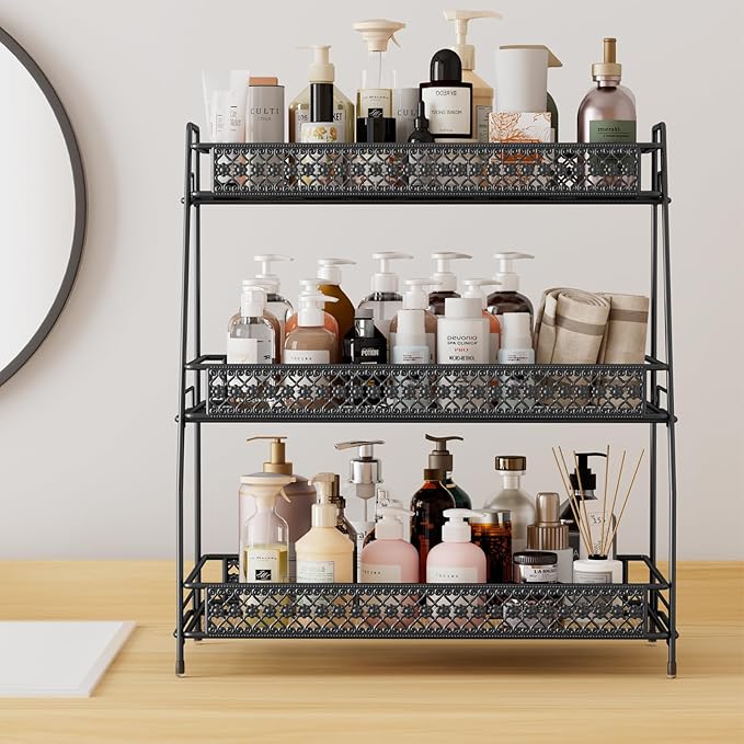 SILUB Vintage 3 Tier Spice Rack Organizer for Kitchen Counter, Bathroom Counter Organizer, 3 Tier Bathroom Counter Organizer for Spices Makeup Perfumes, Retro Countertop Organizer