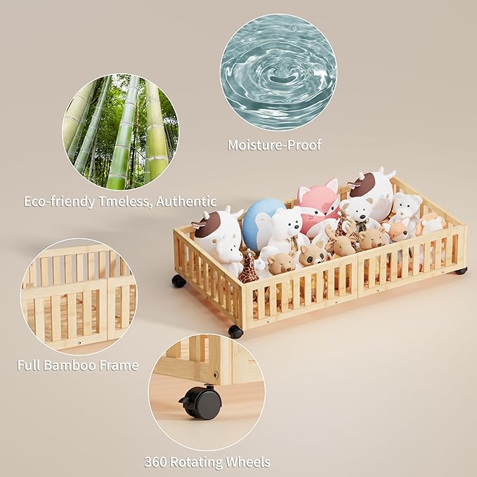 Bamboo Under Bed Storage with Wheels,Rolling Underbed Shoe Organizer Box for Shoes,Blankets,Toys,Clothes Container Space-Saving Bins for Bedroom,Closet,Dorm,Nursery