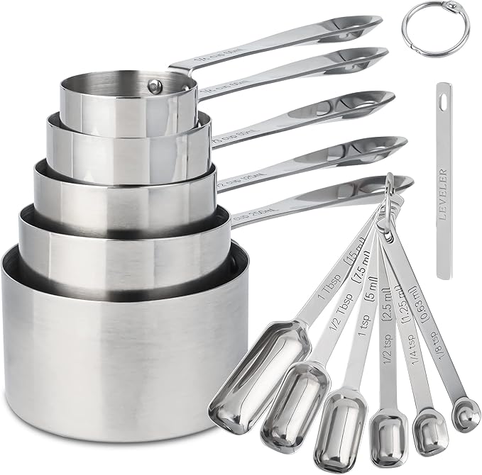 Nstezrne Stainless Steel Measuring Cups and Spoons Set of 12, 5 Dry Measuring Cups and 6 Measuring Spoons With Leveler for Kitchen