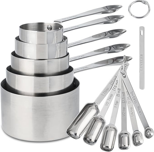 Nstezrne Stainless Steel Measuring Cups and Spoons Set of 12, 5 Dry Measuring Cups and 6 Measuring Spoons With Leveler for Kitchen