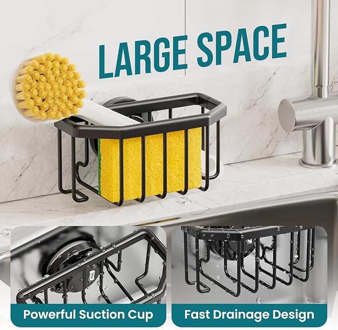 TAILI Sponge Holder with Strong Suction Cup, Dish Sponge Caddy Inside Sink Removable, Rustproof Aluminum for Sponges, Brushes, Stoppers and Scrapers - Black