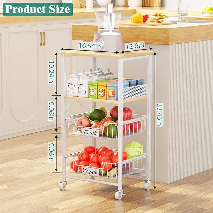 Giwil Vegetable Fruit Basket for Kitchen Pantry Organizers Storage, 4-Tier Utility Rolling Cart on Wheels with Wood Rack and Drawer Wire Baskets for Onions Potatoes Snacks, White