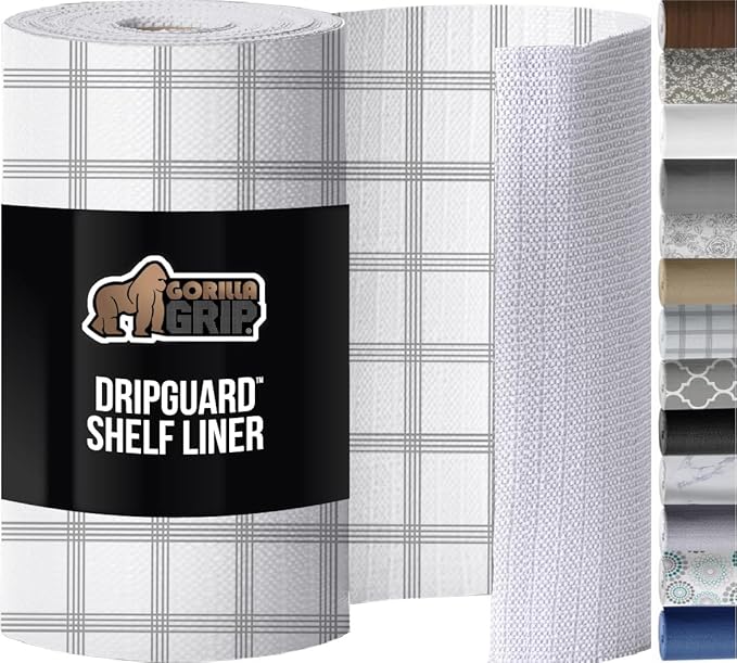 GORILLA GRIP Slip Resistant Drawer and Shelf Liner 2 Pack, Non Adhesive Water Resistant, Easy Trim, Smooth Surface Liners for Kitchen Cabinet, Shelves, Drawers Pantry, 12 IN x 20 FT, Stripe Gray White