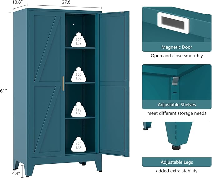 61''Metal Cabinet with 3 Adjustable Shelves,4-Tier Pantry Storage Cabinet,Kitchen Pantry Cabinets for Living Room,Dining Room, Blue
