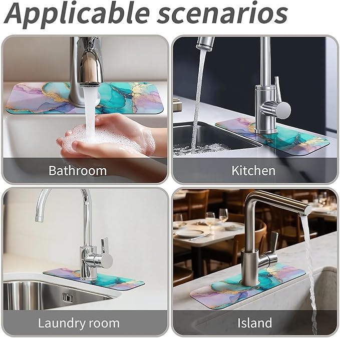 Kitchen Sink Splash Guard，Turquoise lilac gold marble Faucet Mat Sink Gadgets-Super Absorbent Fast Drying Mat Drip Catcher for Kitchen, Bathroom,Sink Mat, Dish Drying Mat, Bathroom(15" X 5.5" )