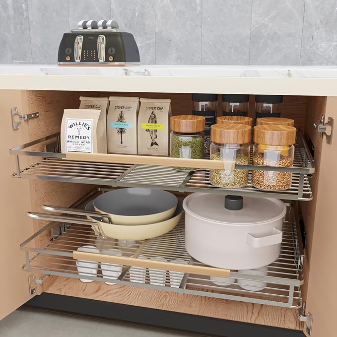 2Pack Expandable Pull Out Cabinet Organizer, Slide Out Drawers for Kitchen Cabinets, Heavy Duty Drawer Slides for Home Kitchen Pantry Cupboard Pots Pans, Adjustable Width 17.1"~28.1" W x 22.5''D