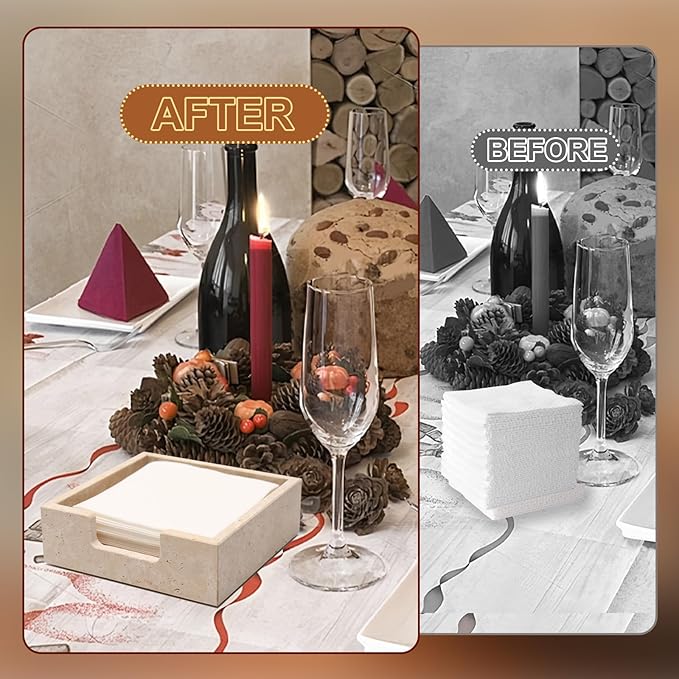 Shonmogar Cocktail Napkin Holder,Travertine Stone Napkin Holders Fit for 5”x5” Cocktail-Sized Napkins,Stone Napkin Holder for Table Kitchen Counter Dining Room Party Bar Decor,Beige