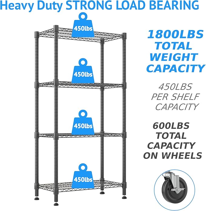 Homdox Heavy Duty Storage Shelves, 4 Tier Wire Shelving Unit with Wheels, Commercial Adjustable Metal Shelves for Storage, Garage Rack Pantry Shelves Kitchen Shelving, 14"x30"x72", Black