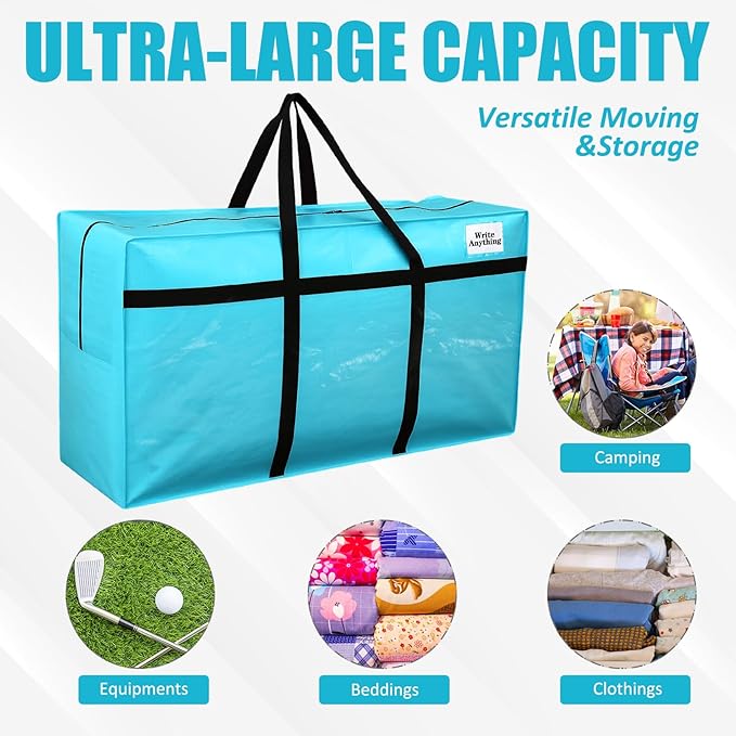 Windyun 4 Pack 57 Gallon Extra Large Moving Bags XXL Heavy Duty Storage Bag with Strong Zipper Handle Jumbo Big Tote Box Foldable for College Dorm Travel Clothes Duffle Blanket Pillow(Lake Blue)