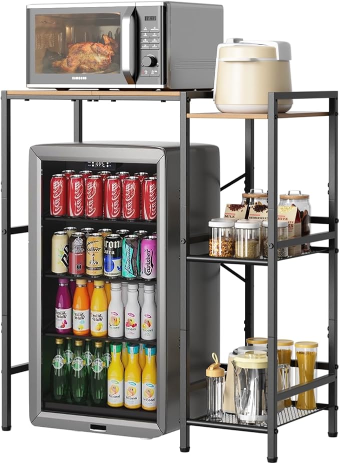 Mini Fridge Stand with Storage Shelves, Upgraded 3-Tier Mini Fridge Cabinet Stand Baker Rack for Microwave Coffee Maker Sturdy Metal Wood Desk Fits Dorm,Kitchen, Apartment, 33.4Wx15.7Dx37.2H, Brown