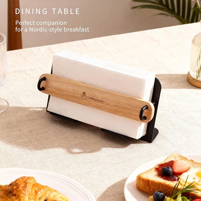 Celestree Unique Guest Towel Holder for Bathroom & Table - Modern Metal Napkin Dispenser with Rubber Weighted Arm, Rectangular Disposable Hand Towels Tray for Kitchen Steak Dinner, Vanity, Picnic