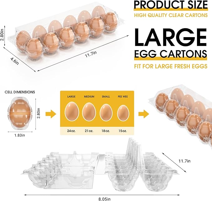 60PCS Egg Cartons Cheap Bulk, Large Egg Cartons Plastic 12 Count, 1 Dozen Reusable Egg Container Holder for Storing, Sharing, Selling, Clear Egg Cartons for Home Ranch Farm Market-2x6 Grids