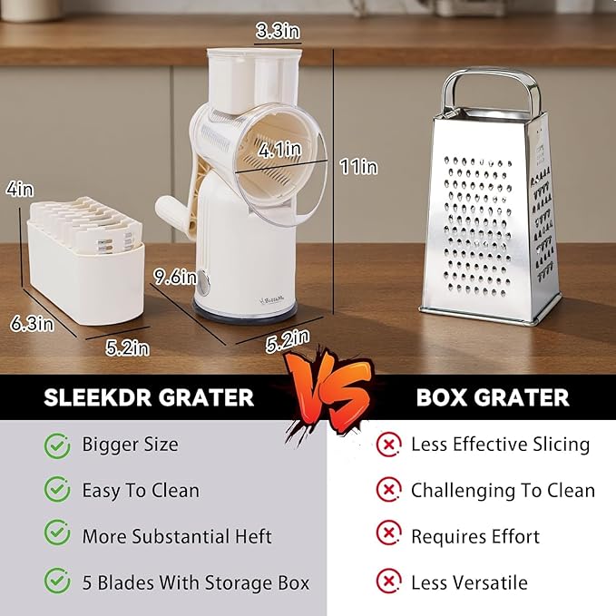 SLEEKDR 5 in 1 Rotary Cheese Grater Vegetable Slicer with Handle - Upgraded Hand Crank Cheese Grater with Handle and Strong Suction Base, Multi-Purpose Vegetable Slicer with 5 Well-Designed Blades