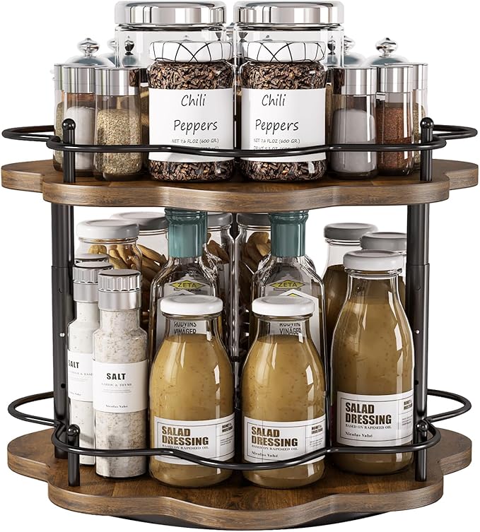 LIAISIMI 2 Tier Lazy Susan Organizer,2-Tier Spinning Spice Rack with Stable Carousel Base & 4 Height Settings for Cupboard Kitchen Countertop Dining Table Cupboard (Two-Ply(Petal Shape))