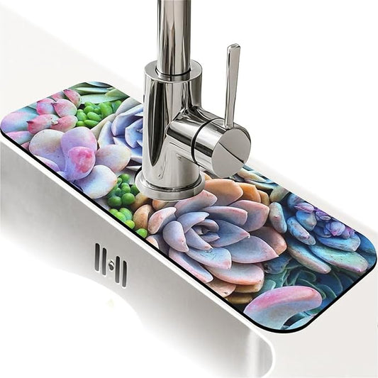 Kitchen Sink Splash Guard，Colorful plants succulents Faucet Mat Sink Gadgets-Super Absorbent Fast Drying Mat Drip Catcher for Kitchen, Bathroom,Sink Mat, Dish Drying Mat, Bathroom(15" X 5.5" )