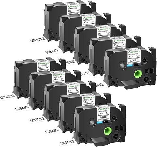 GREENCYCLE 10 Pack Compatible for Brother P-Touch Label Maker TZ261 TZe-261 TZe261 TZ-261 36mm 1.4'' Laminated White Label Tape for PT-E800W P900 D800W P950NW