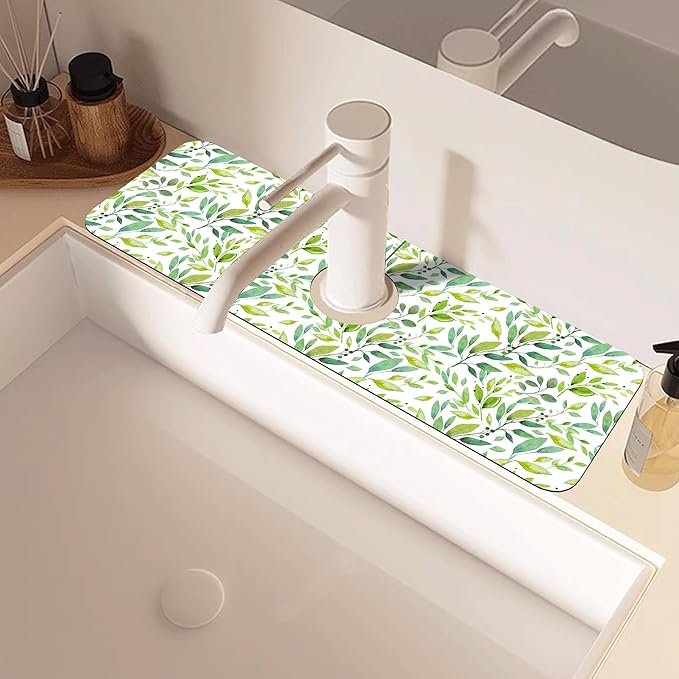 Tropical Eucalyptus Leaves Kitchen Sink Splash Guard Mat Absorbent Fast Drying Mat Faucet Draining Mat Sink Splash Guard Behind Faucet Drip Catcher for Kitchen Bathroom 5.5"×15"