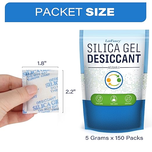 LotFancy Silica Gel Packets, 5 Gram 150 Packs Rechargeable Desiccant Dehumidifiers Packets, Moisture Absorber Drying Bag with Orange Indicator, Non-Toxic, Odorless