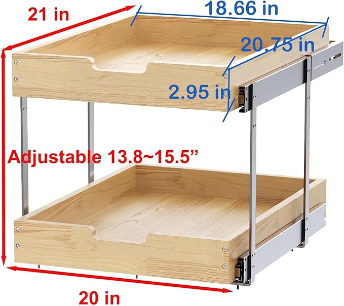 Sikarou Wood Pull Out Cabinet Organizer 2 Tie 20" W x 21" D, Heavy-Duty Sliding Drawers for Inside Cabinets Storage and Organization for Kitchen, Pantry, Bathroom