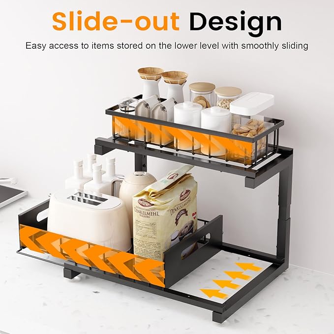 Toyear Under Sink Organizer, Heavy Duty Metal Pull Out Cabinet Organizer Slide Out Sink Shelf Organizer Height Adjustable, Multi-Purpose Storage Shelf for Kitchen Bathroom(Black,1Pack)