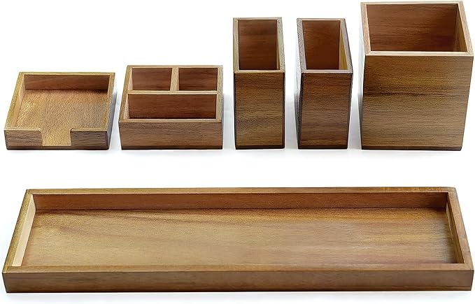 ROCDEER Wood Vanity Tray, 6-Piece Small Bathroom Counter Organizer Wooden Decorative Trays Rectangular Perfume Jewelry Makeup Cosmetic Holder Set - Holds Small Items