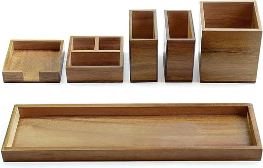 ROCDEER Wood Vanity Tray, 6-Piece Small Bathroom Counter Organizer Wooden Decorative Trays Rectangular Perfume Jewelry Makeup Cosmetic Holder Set - Holds Small Items