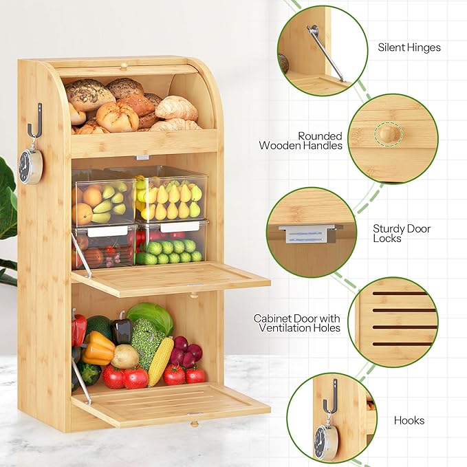 HOOBRO Potato Storage Bin, Large Bamboo Bread Box for Kitchen Counter, 3 Tier Onion Organizer with Grocery Section, Decorative Fruit and Vegetable Box for Kitchen, Natural YL14MB01