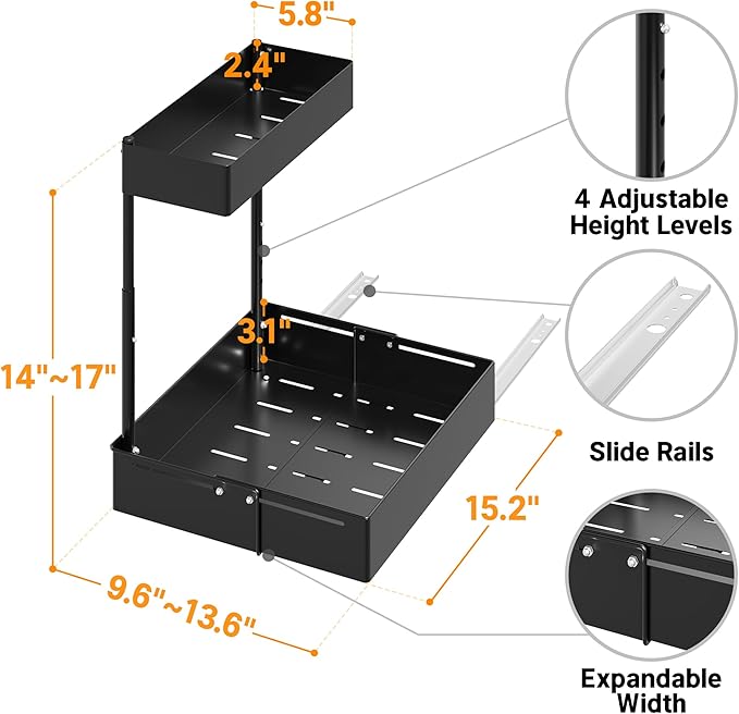 Pull Out Under Sink Organizer 2 Pack, 2 Tier Expandable Under Cabinet Storage with Height Adjustable Design for Kitchen Bathroom Laundry Room