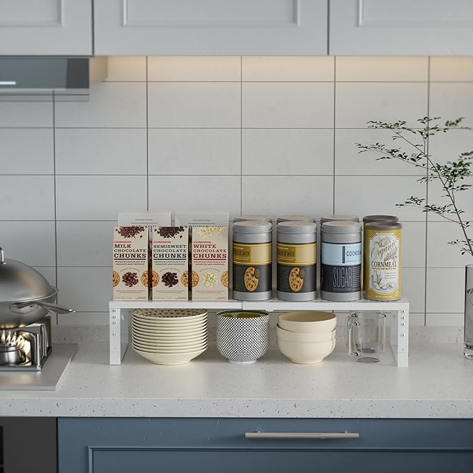 Wobmmi Expandable Spice Rack Kitchen Cabinet Shelf Organizer, Stackable Storage Shelves Racks, Adjustable Counter Shelving for Cabinets, Countertop, Cupboard,Pantry and More(2Packs/White/Large)