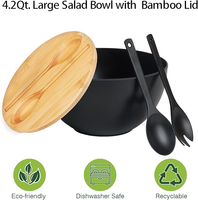 ECOHAGOU 10" Large Salad Serving Bowl with Utensils in Lid, Bamboo Fiber Salad Bowl with Lid, Mixing Bowl with Servers set for Pasta,Fruit,Veggies,Popcorn to Replace Wooden Bowls - Matte Black