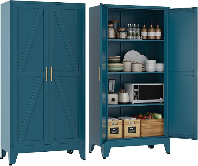 61''Metal Cabinet with 3 Adjustable Shelves,4-Tier Pantry Storage Cabinet,Kitchen Pantry Cabinets for Living Room,Dining Room, Blue